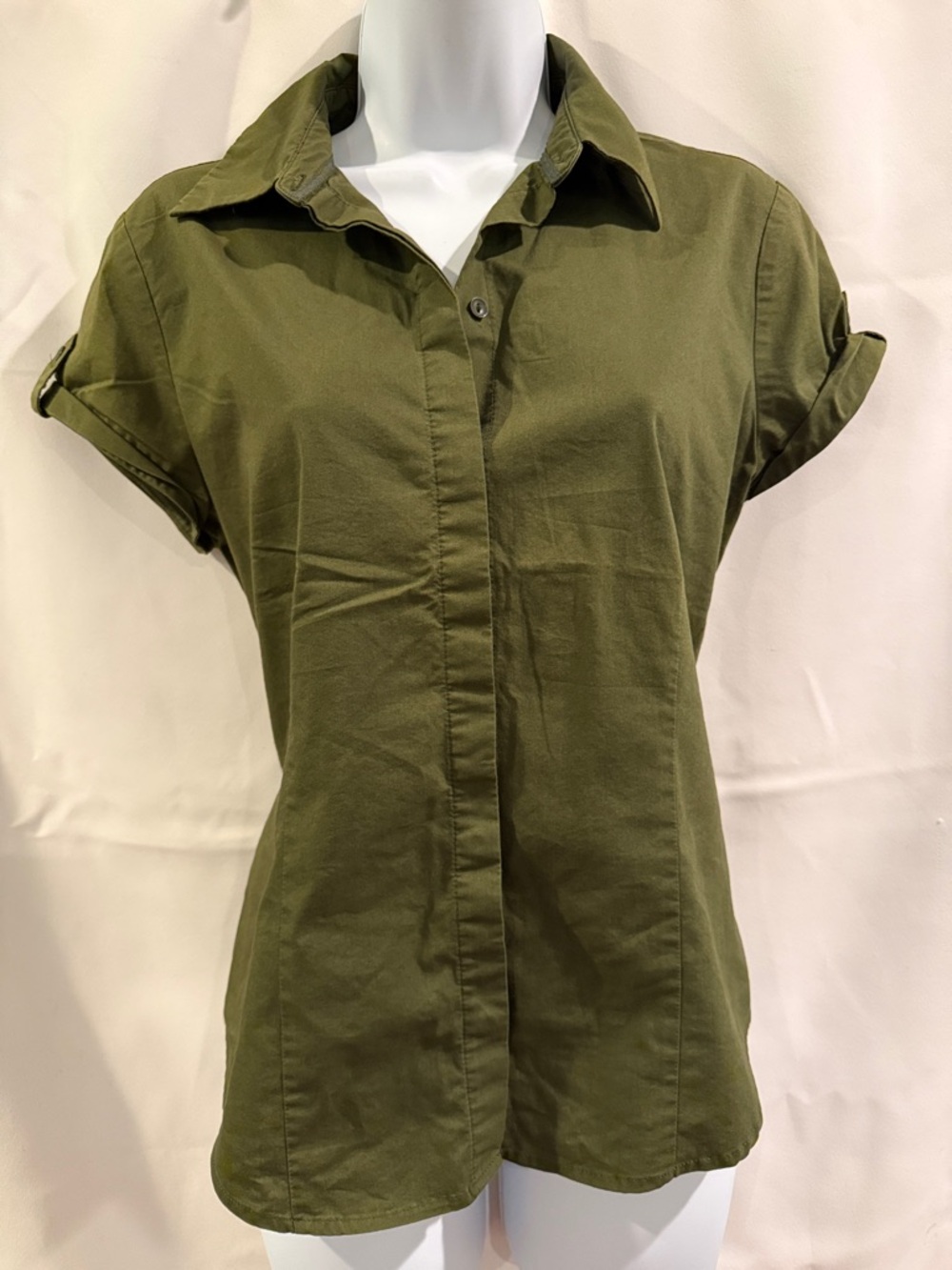 Classic Olive Short-Sleeve Button Front Shirt - Women
